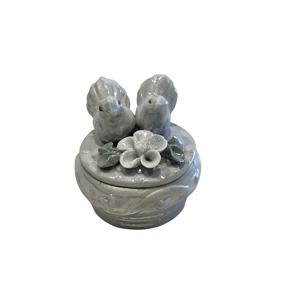 Vintage Trinket Jewelry Box Ceramic Birds and Flowers‎ Iridescent Finish